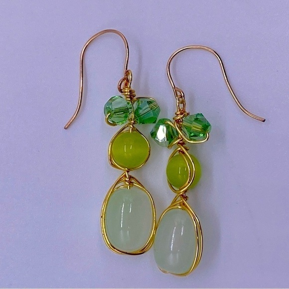 Hand Crafted Jewelry - Green cat eyes and crystal gold plated wired women handmade  earrings. New